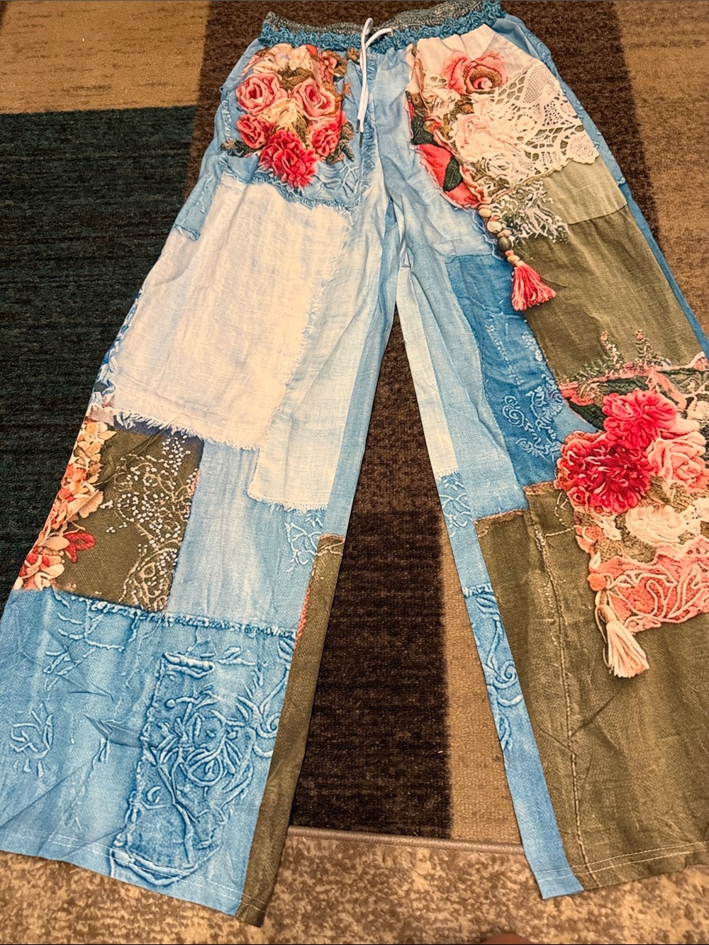 Boho Patchwork Floral Wide-Leg Pants - Light Blue & Olive